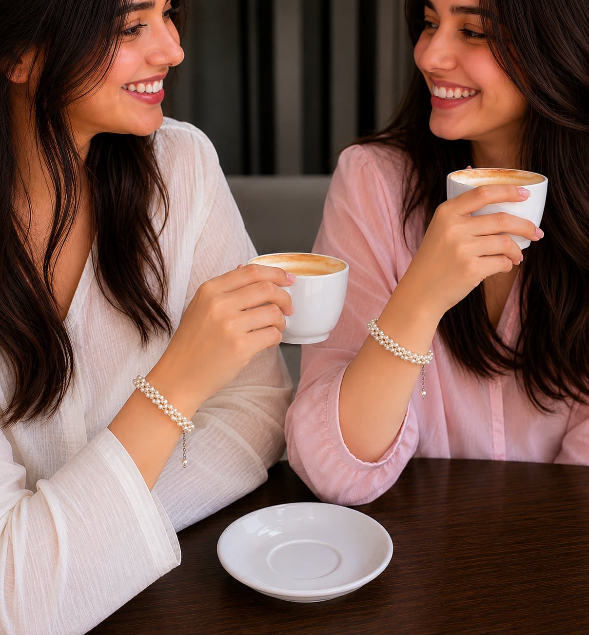 Two women in a café wearing pearls, coffee in hand