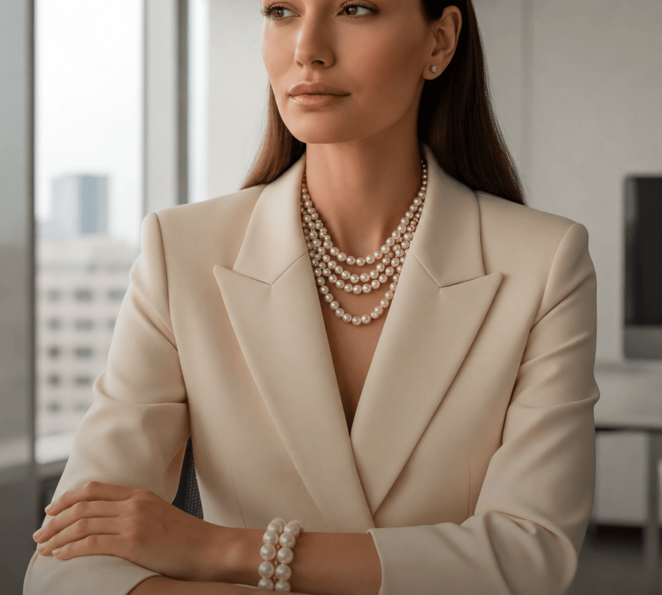 Pearl bracelet on a wrist beside a laptop and coffee — workwear